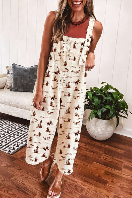 Beige Western-trykkede, løs jumpsuit med knapper og justerbare stropper