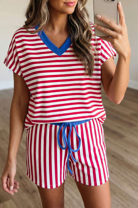 Red Stripe Colorblock Trim V Neck Tee Drawstring Elastic Waist Short Set