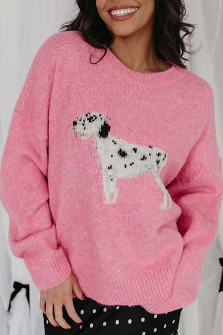 Pink Dalmatian Dog Knit Pullover Sweater Round Neck Long Sleeve Casual Tunic Top