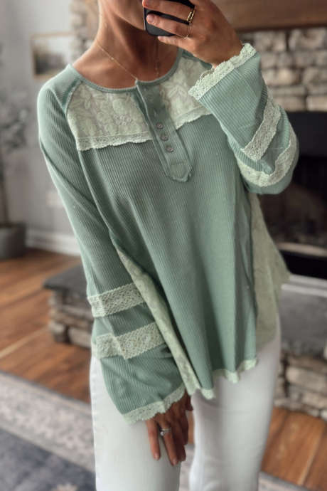 Pulover casual cu mânecă lungă și model patchwork din dantelă verde iarbă