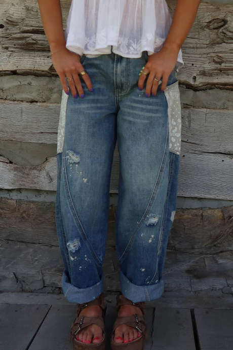 Dusk Blue Paisley Patchwork Jeans Casual Full Length Western Style Denim Pants