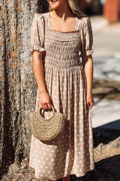 Khaki Polka Dot Square Collar Short Sleeve Midi Dress Casual Shift Style
