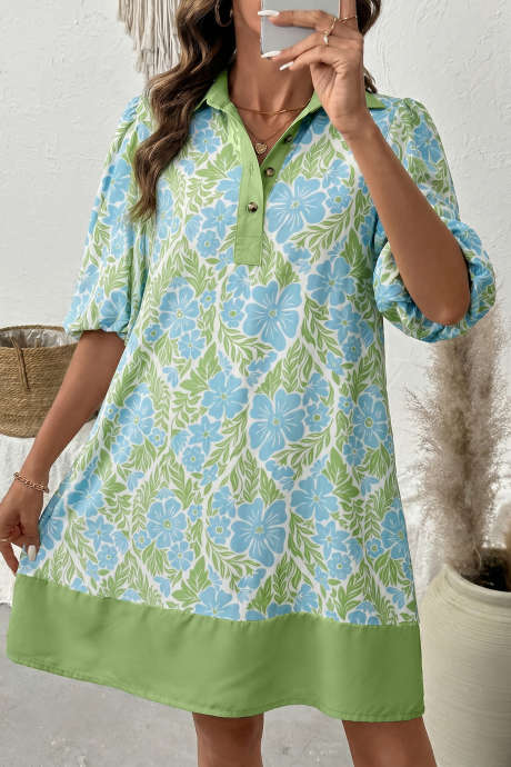 Mini Dress na may Kulay Patchwork na May Kulay Asul na Bulaklak na May Kulay Sky Blue