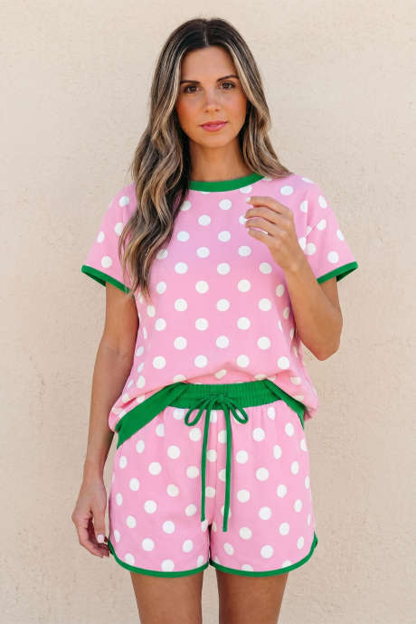 Pink Polka Dot Contrast Edge Casual Short Set