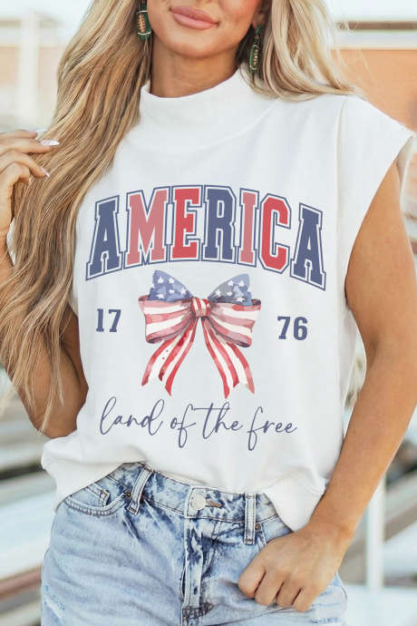 White Patriotic Slogan America Flag Print Mock Neck Tee
