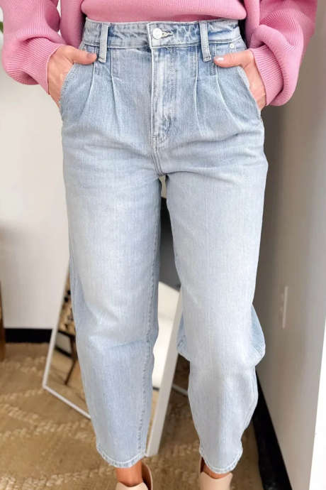 Beau Blue Pleated Ankle-Length Shift Jeans Casual Daily Wear Denim Pants