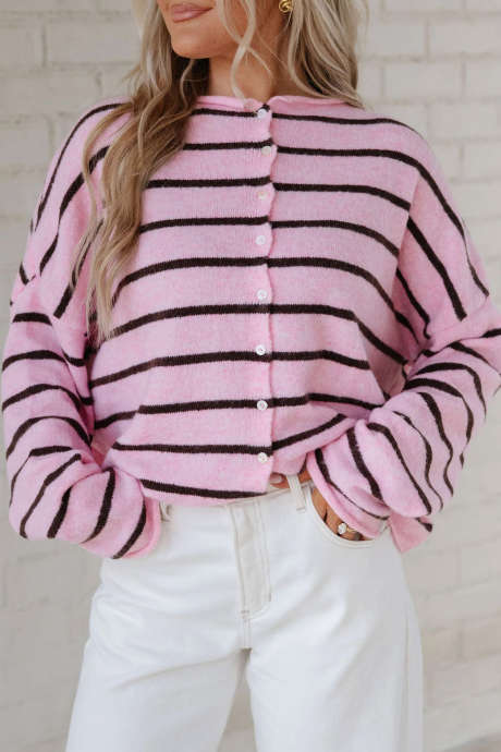 Pink Stripe Striped Long Sleeve Round Neck Casual Regular Fit Cardigan Sweater
