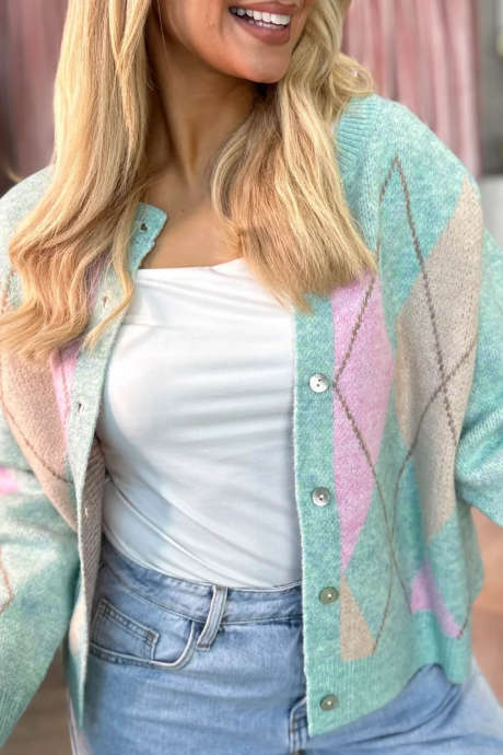 Green Geometric Pattern Long Sleeve Casual Regular Fit Cardigan