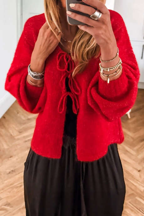 Fiery Red Casual Regular Length Long Sleeve Knot Detail Open Front Cardigan Sweater