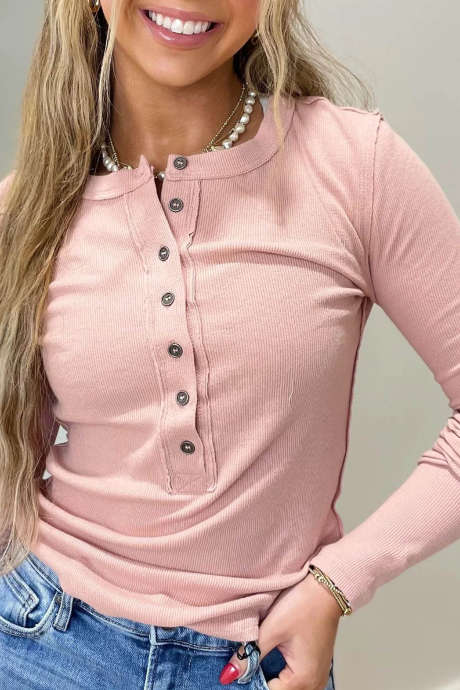 Aprikosenrosa, lässiges Henley-Top mit Rundhalsausschnitt, langen Ärmeln und Rippstrick für den Alltag