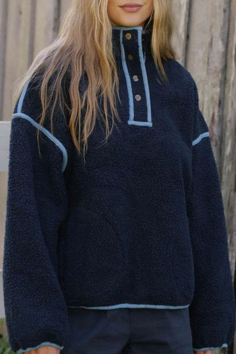 Sail Blue High Neck Long Sleeve Casual Fleece Pullover Sweatshirt