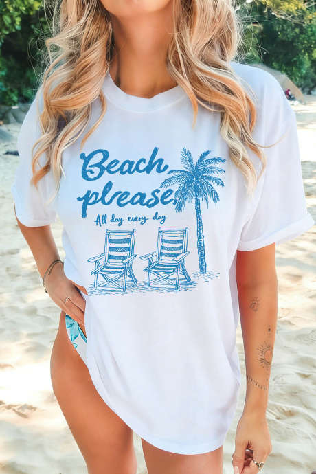 White Beach Vacation Theme Printed Loose Tee