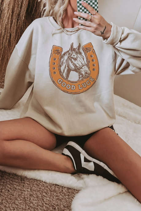 Beige Western Horse Print Oversized Sweatshirt Daily Wear Pullover