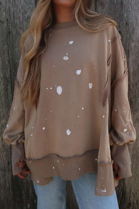 Smoke Gray Abstract Splatter Print Long Sleeve Tunic Sweatshirt Casual Round Neck Pullover