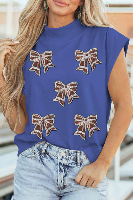 Sky Blue Game Day Sequin Bow High Neck Short Sleeve Top