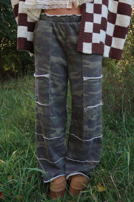Multicolour Camouflage Wide Leg Pants Raw Hem Outdoor Casual Full Length