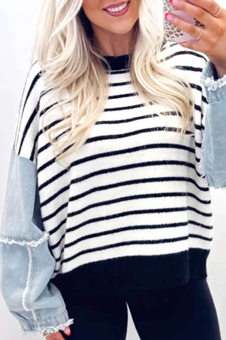 White Stripe Casual Striped Sweater Colorblock Denim Sleeves Regular Fit Round Neck Pullover