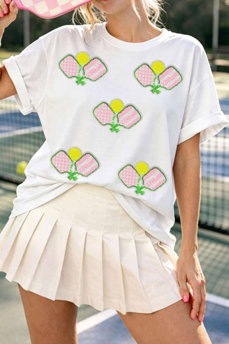 White Sequin Pickleball Graphic Summer Athleisure Tee LC25232220-1