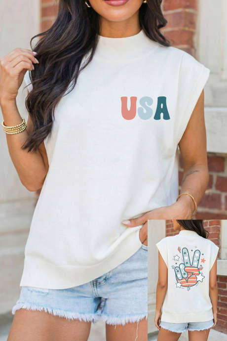 Tricou alb cu guler fals, imprimat față-verso cu SUA/Victorie Patriotică