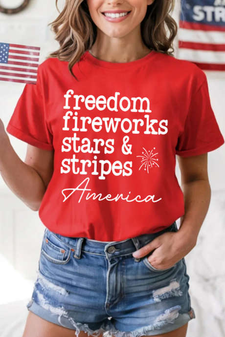 Red Freedom Fireworks American Patriotic Slogan Printed T Shirt