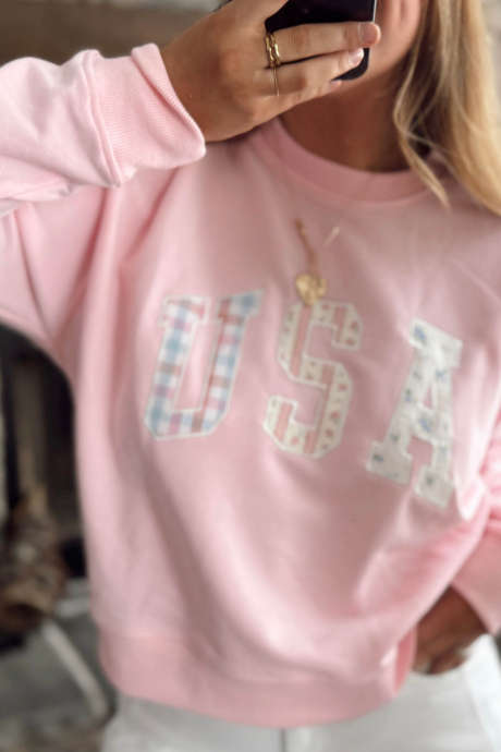 Pink Embroidered USA Letter Crewneck Sweatshirt Long Sleeve Casual Regular Fit Pullover