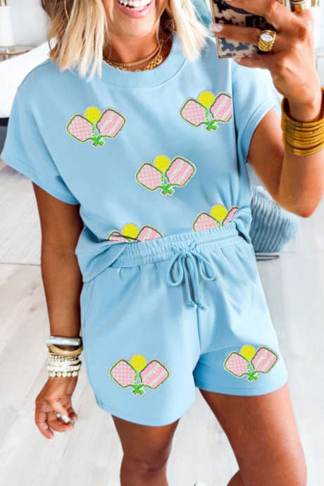 Mist Blue Sequin Pickleball Racket Print Casual Two Piece Shorts Set