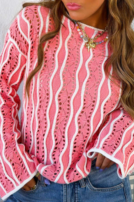 Pink Casual Loose Fit Long Sleeve Round Neck Knit Sweater Pullover