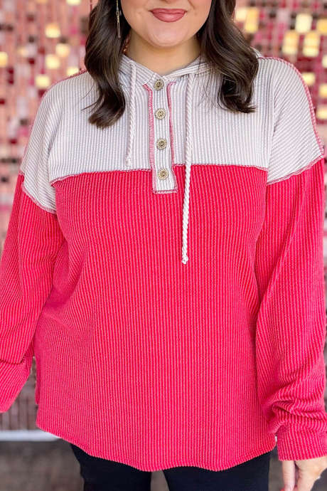 Racing Red Casual Hooded Tunic Top Colorblock Twist Rib Long Sleeve One Piece Wholesale