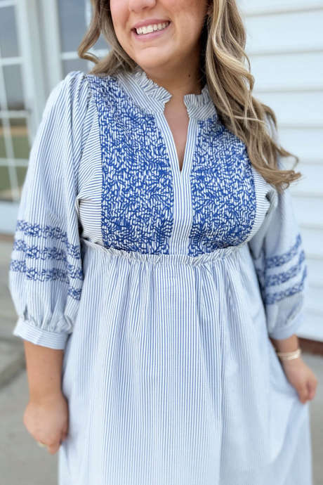 Blue V Neck Striped Colorblock Long Sleeve Shift Dress
