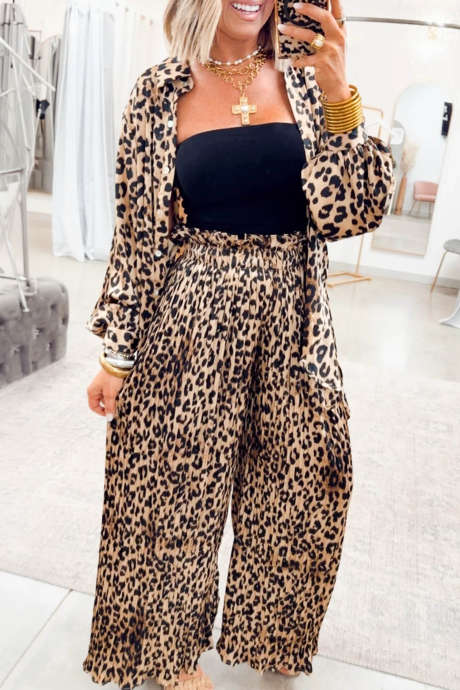 Brown Leopard Print Long Sleeve Pocket Casual Two Piece Pants Set