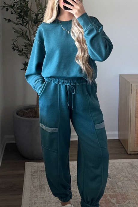 Skobeloff Casual Two Piece Sweatshirt Jogger Set Colorblock Detail Long Sleeve Shift Silhouette Pants Suit