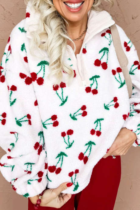 White Cozy Fleece Cherry Print Half-Zip Pullover Hoodie Regular Fit Casual Winter Wear