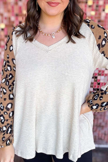 Apricot V Neck Leopard Print Long Sleeve Tunic Top for Women