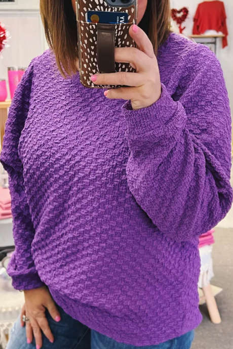 Tillandsia Purple Textured Fabric Round Neck Long Sleeve Casual Tunic Sweater for Daily Wear