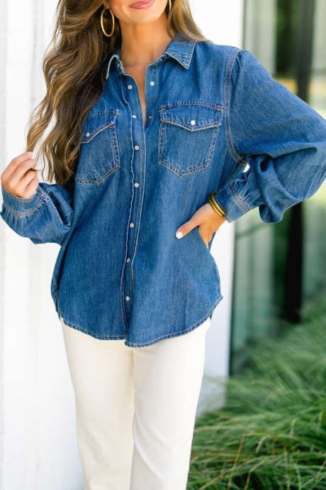 Blue Casual Long Sleeve Denim Shirt Regular Fit Shift Silhouette Daily Wear Pocket Detail