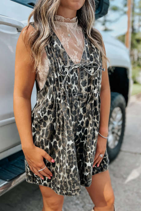 Khaki Mineral Wash Pleated Bust V Neck Sleeveless Denim Romper