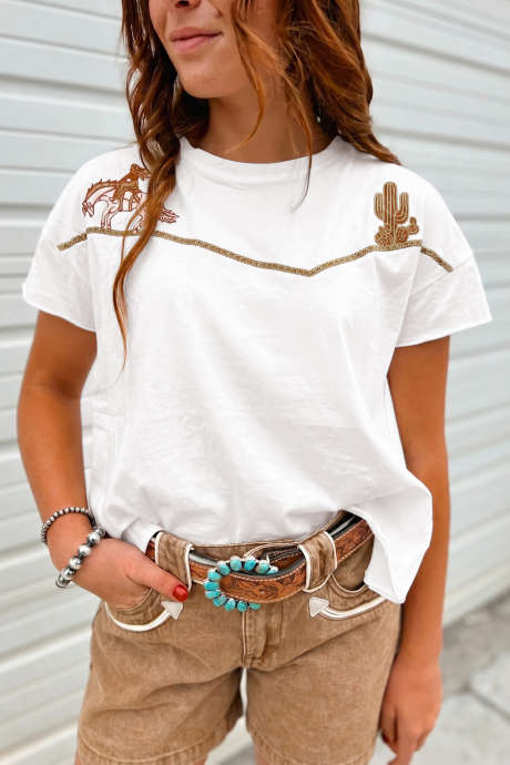 Tricou casual alb cu broderie Western Fashion