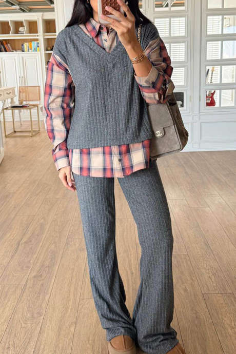 Dark Grey Casual Long Sleeve Plaid Patchwork Two Piece Shift Pants Set