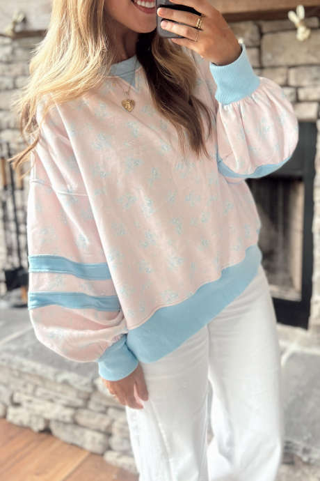 Pink Floral Print Colorblock Sweatshirt Casual Round Neck Long Sleeve Pullover