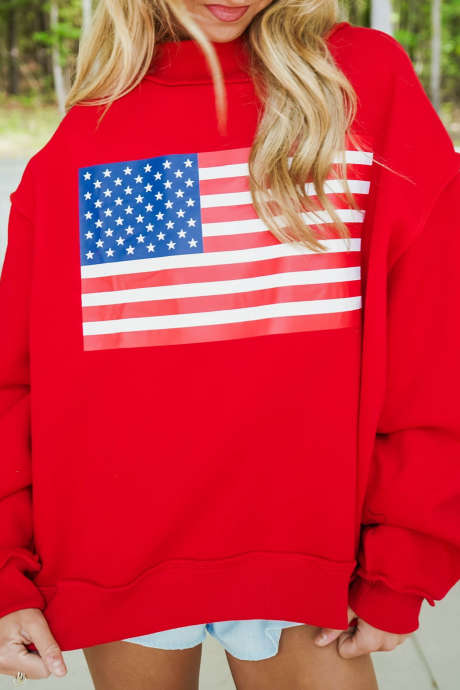 Fiery Red Casual Long Sleeve Flag Print Hoodie Regular Fit Daily Wear Pullover Sweatshirt