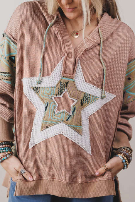 Old Rose Casual Hooded Pullover with Star Pattern and Textured Fabric for Daily Wear