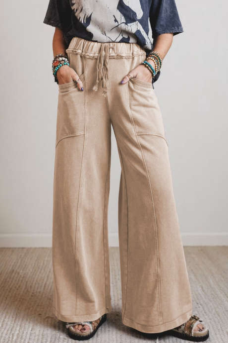 Smoke Gray Mineral Wash Drawstring Retro High Waist Wide Leg Western Pants