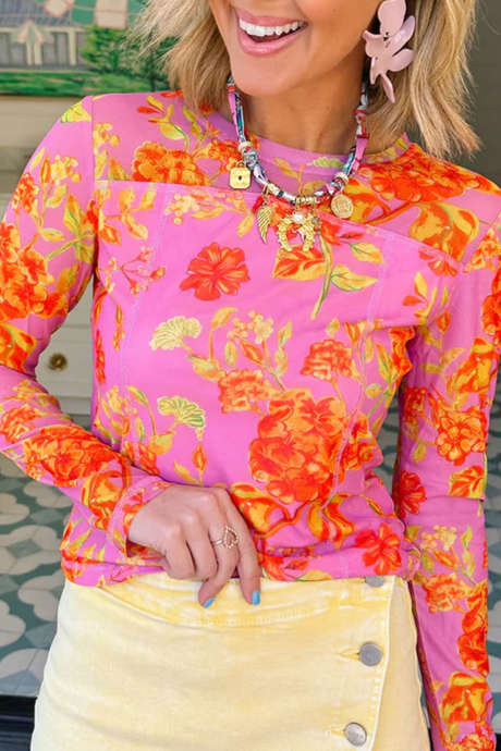 Rose Floral Print Long Sleeve Regular Fit Round Neck Pullover