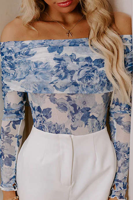 Sky Blue Floral Print Off Shoulder Long Sleeve Sheath One Piece Casual Bodysuit