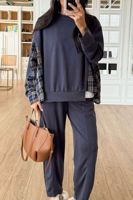 Navy Blue Patchwork Plaid Long Sleeve Two Piece Casual Pants Set