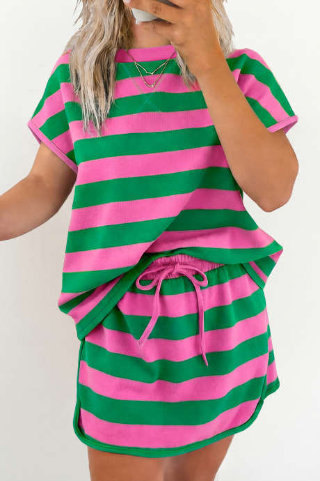 Rose Stripe Dolman Tee Drawstring Skort Athletic 2pcs Set