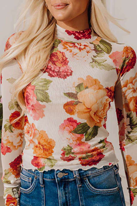 Multicolour Floral Print Long Sleeve Stand Neck Casual Top