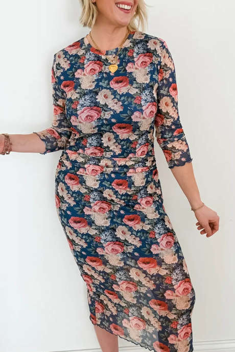 Blue Floral Print Long Sleeve Midi Dress Casual Sheath Style