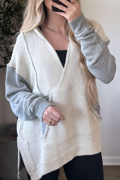 Gray Colorblock Hooded Tunic Sweater Casual Long Sleeve Shift Silhouette Pullover