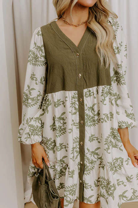 Green Floral Print Button Front Long Sleeve Casual Dress